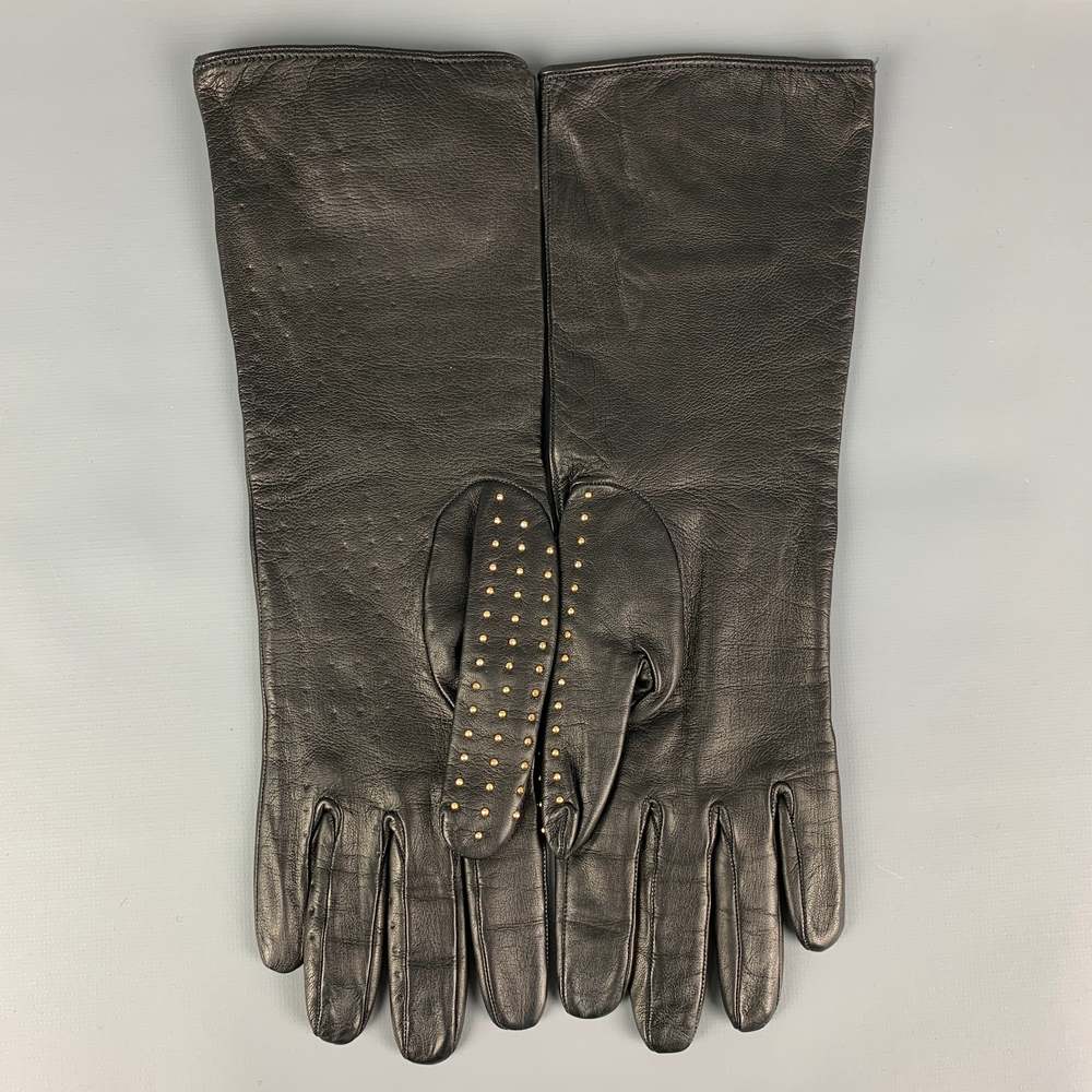 BURBERRY PRORSUM Black Gold Studded Kidskin Leather Silk Lined Gloves - Picture 3 of 7